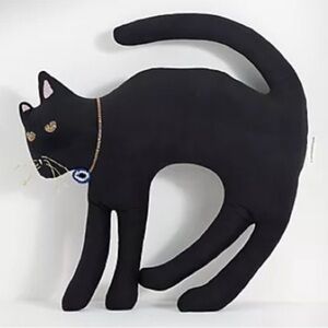 ANTHROPOLOGIE NWT Halloween embroidered cat shaped pillow -black -17.5”